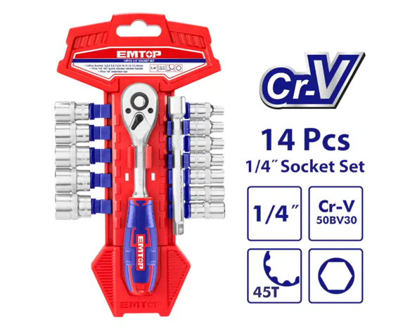 Ratchet 1/4” con 14 cubos industrial Emtop ESKT14141