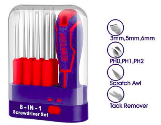 Juego de desatornilladores intercambiables de 9 piezas Emtop ESDRH0902