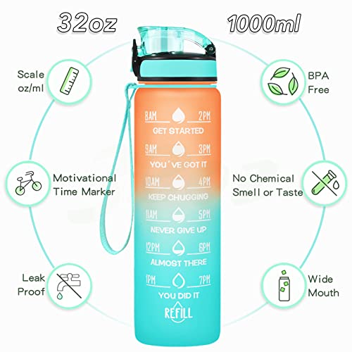 Enerbone Botella de agua de 32 onzas, a prueba de fugas, libre de BPA y tóxicos, botella de agua motivacional con tiempos para beber y pajilla, botella de agua deportiva con correa para oficina,