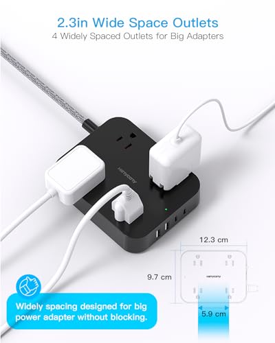 HANYCONY - Cable de extensión negro de 15 pies, regleta de enchufe plano con 4 tomas, 4 puertos USB (2 USB C), estación de carga de montaje en pared, sin protector de sobretensiones para el hogar