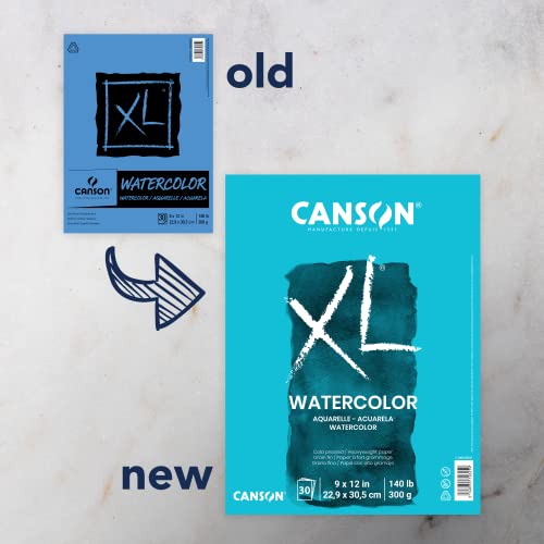 Canson XL Series Watercolor - Almohadilla de papel con textura para pintura, lápiz, tinta, carbón, pastel y acrílico, se pliega, 140 libras, 9 x 12 pulgadas, 30 hojas