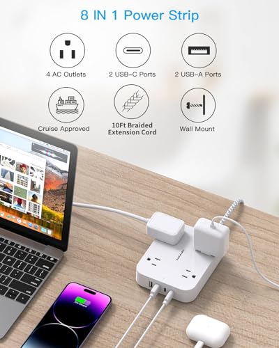 HANYCONY - Cable de extensión de 10 pies, tira de alimentación plana ultrafina con 4 tomas, 4 puertos USB (2 USB C), montaje en pared, extensor de enchufes múltiples, estación de carga de escritorio
