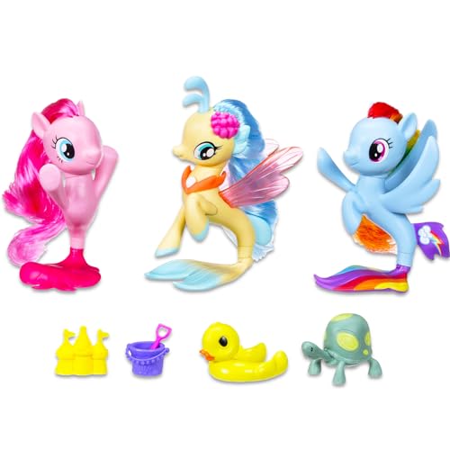 My Little Pony Seapony Toys Collection Set – Paquete de 10 piezas con 3 figuras de sirena de My Little Pony Seapony, 5 accesorios, calcomanías, más | Juguetes de My Little Pony para niñas