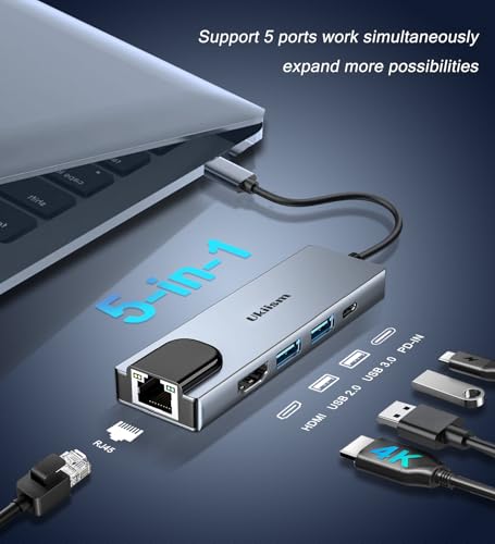 Adaptador USB C Hub Ethernet HDMI, estación de acoplamiento 5 en 1 con HDMI 4K, Ethernet RJ45, USB 3.0/2.0, PD 100W, USB C, dongle LAN para MacBook Pro/Air, iPad Pro, XPS, etc