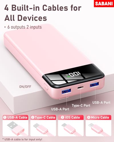 SABANI Cargador portátil de 35000 mAh, batería portátil con 4 cables integrados, batería de carga rápida de 22.5 W, compatible con iPhone 16, 15, 14, 13, Samsung Android, etc. (1 paquete, rosa)