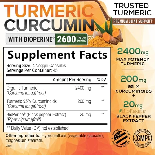 Curcumina Natures Nutrition tumérica con bioperina 95 %, curcuminoides 2,600 mg, con pimienta negra para una mejor absorción, fabricado en Estados Unidos, mejor soporte para articulaciones, vegano, suplemento