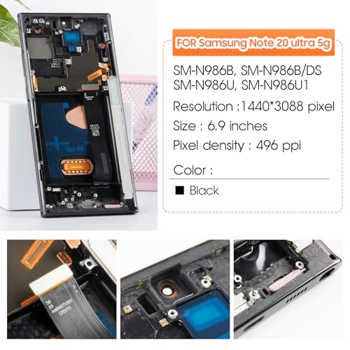 AMOLED - Kit de reemplazo de pantalla para Samsung Note 20 Ultra 5G, pantalla OLED de 6.9 pulgadas con marco y herramientas (compatible con N986U/N986N/N9860/N986W) (negro místico)