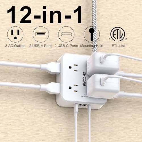 CHCORE - Cable de extensión trenzado de 15 pies con 8 tomas de corriente con 4 puertos de carga USB (2 USB C), enchufe plano, extensor de enchufe múltiple para oficina en casa, ETL, color blanco
