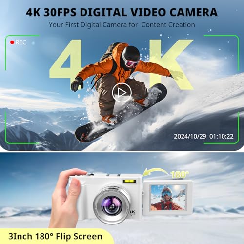 Cámara digital 4K para enfoque automático de fotografía, cámara de video de 48 MP para YouTube con tarjeta SD, 2 baterías, cámara compacta de viaje de 3 pulgadas con pantalla abatible de 180° para