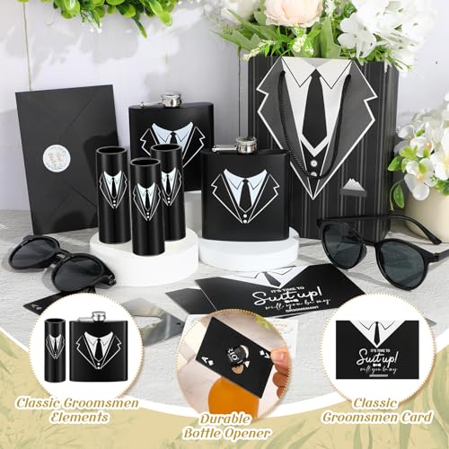 Bokon Regalos para padrinos de boda, frasco de esmoquin de acero inoxidable para padrinos de boda, anteojos de póquer, abridor de botellas, bolsa de regalo para padrinos de boda, gafas de sol con