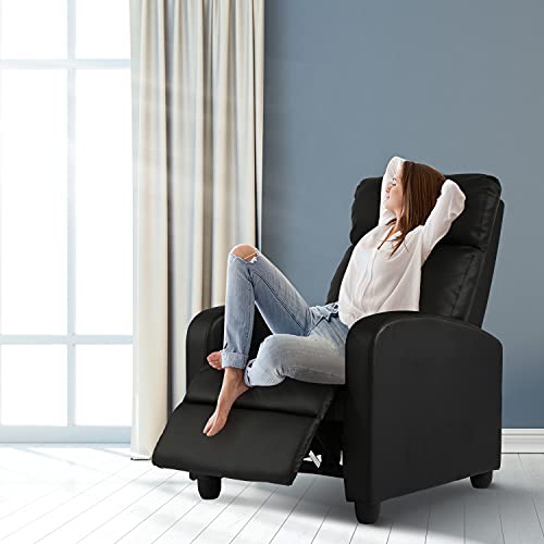 HCY Silla reclinable de masaje acolchada con asiento ancho, sofá individual con reposapiés, piel sintética para sala de estar, cine en casa (negro)