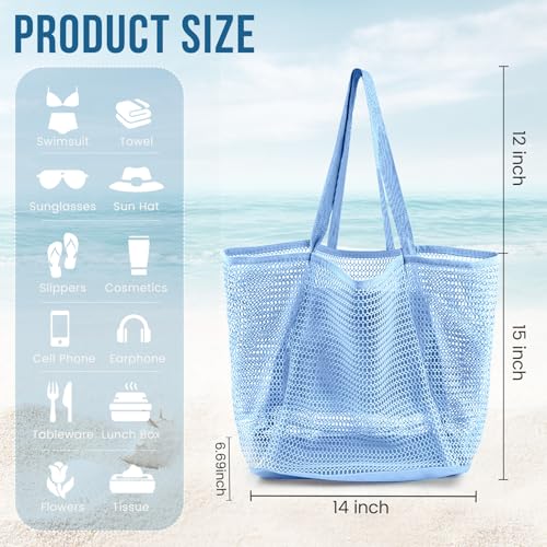 HOHOM Bolsas de playa para mujer, bolsa de malla de viaje de verano con bolsillo interior grande, bolso de hombro tejido a prueba de arena, Azul marino, Grande