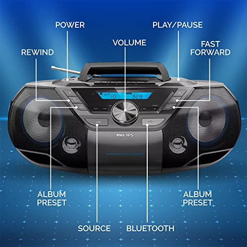 Philips Reproductor de CD portátil Boombox Bluetooth con reproductor de cassette todo en uno potente caja de auge estéreo reproductor de CD para el hogar Mega Bass Reflex altavoces, entrada de